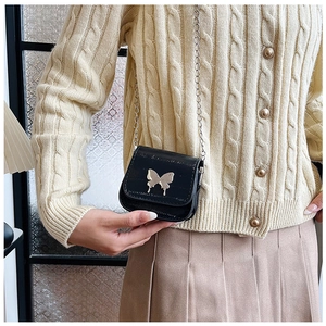 Black mini crossbody bag with silver butterfly hardware and chain strap on model