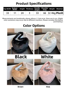 Tableau des tailles détaillé et quatre coloris pour ce sac à main en peluche moelleuse