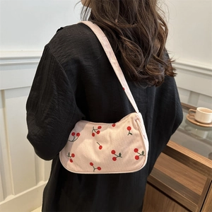 Pink corduroy underarm bag with cherry print, stylish trendy shoulder bag for women