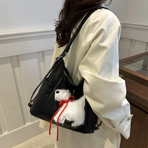 Damen Koreanischer Stil PU Leder Umhängetasche Mit Besticktem Plüschhund Schleife Modische Tragetasche Für Den Alltag