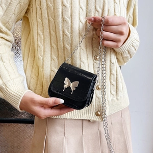 Women Mini Crossbody Bag With Butterfly Decor Chain Strap PU Leather Retro Trendy Metallic Small Shoulder Bag