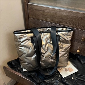 Women Quilted Puffer Tote Bag Large Capacity Metallic Gold Silver Black Shoulder Bag Fashion Casual Minimalist Handbag