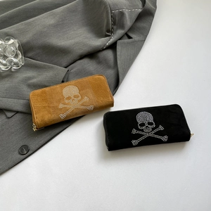 Punk style long skull wallets with rhinestones in black and brown suede finish