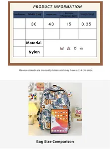 Size guide for graffiti nylon backpack showing dimensions 30x43x15cm and 0.35kg weight