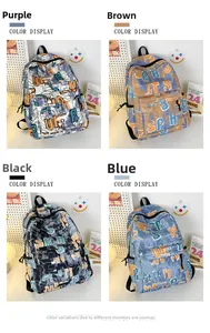 Color options of graffiti letter print backpacks in purple, brown, black, and blue