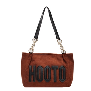 Brown matte suede tote bag with HOOTO lettering and gold chain handle straps