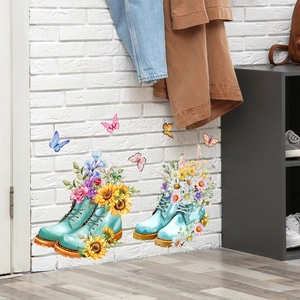 Floral boots and butterflies wall sticker on white brick wall for home decoration