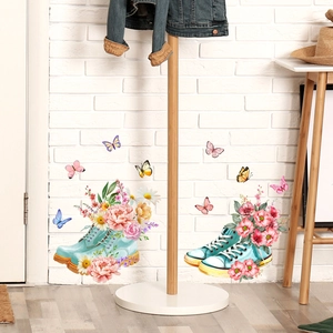 Self-adhesive floral shoe wall stickers with colorful butterflies for home decor