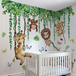 Cartoon Jungle Animal Wall Stickers Tropical Leaves Giraffe Lion Elephant Monkey Self Adhesive PVC Decal For Kids Room Decor