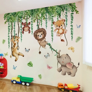 Cute jungle animal wall stickers with giraffe and lion for kids room decoration