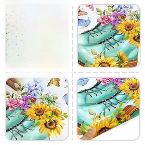 Double-sided floral boot wall sticker with sunflowers and butterflies in teal color