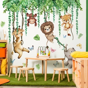 Cartoon jungle animals wall stickers with giraffe and lion for nursery decor