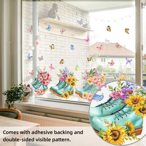 Double-sided floral butterfly window stickers with self-adhesive backing for glass decor