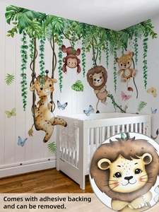 Detail of self-adhesive jungle animal wall stickers featuring giraffe and lion patterns