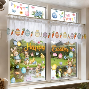 Detail of Happy Easter window clings featuring cute bunnies, eggs and floral patterns