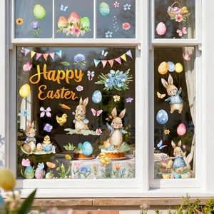 Watercolor Easter window clings featuring bunnies and eggs on a home window pane