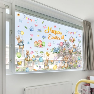 Detailed view of Happy Easter window stickers featuring bunnies, eggs, and floral patterns