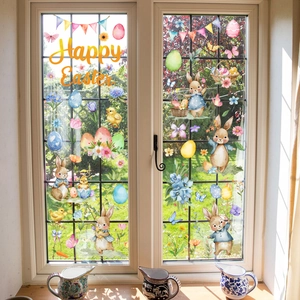 Easter bunny and floral window clings on glass with a scenic garden background