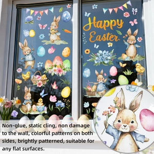Detailed double-sided Easter static window clings featuring bunnies and colorful eggs