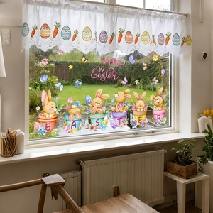 Easter bunny window clings with flower pots and eggs decoration for home living room glass