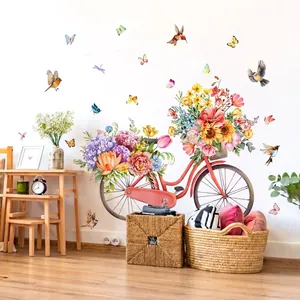 Floral Bicycle Wall Sticker PVC Removable Red Bicycle Sunflower Butterfly Bird Decal For Home Living Room Bedroom Decor