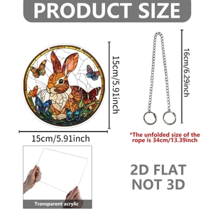 Detailed size chart for 2D acrylic Easter bunny hanging sign with metal chain specs