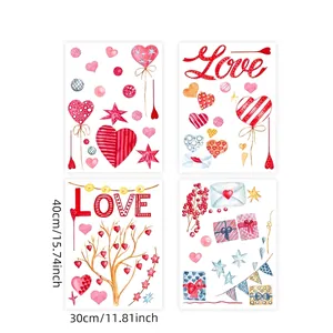 Detailoverzicht van 4 vellen statische raamstickers met hartjes en bloemen in pastel