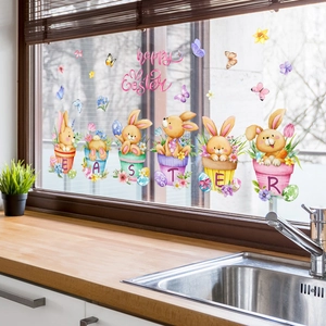 Creative Easter bunny in flower pots window clings stickers for home glass decoration