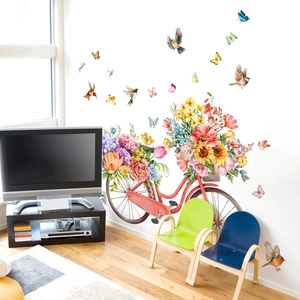 Floral vintage red bicycle wall decals with colorful flowers and butterflies for home decor