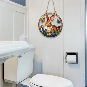 Flat 2D acrylic wall decor with bunny and butterflies in stained glass art style