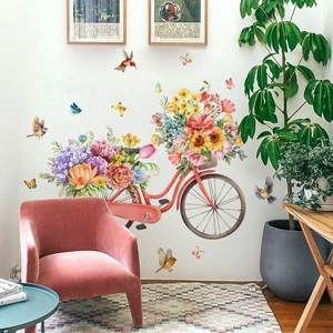Floral vintage bicycle wall sticker with butterflies for cozy home interior decor