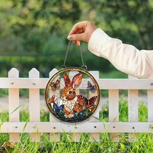 Easter Acrylic Hanging Ornament Stained Glass Style Rabbit Egg Flower Pattern Home Party Wall Decor 2D Flat Pendant Gift