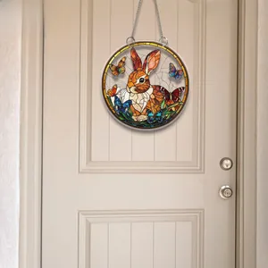 Close-up of 2D flat Easter bunny door sign with stained glass effect on a wooden door