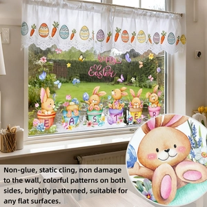 Detail of Happy Easter window clings featuring rabbits in flower pots and colorful eggs