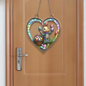 Close-up of a 2D flat Easter bunny heart door sign with colorful eggs and tulips on wood