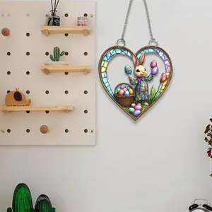 Detailed 2D flat acrylic Easter heart ornament featuring a bunny and eggs on a white wall