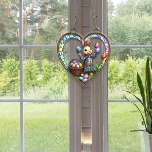 Easter bunny acrylic heart ornament with stained glass effect hanging on window chain