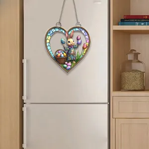Hanging Easter 2D acrylic heart pendant with bunny and tulips on a fridge door