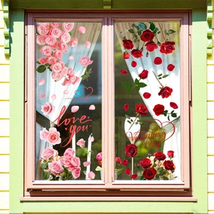 Romantische Valentijnsdag raamstickers met rode rozen en 'Love you' typografie