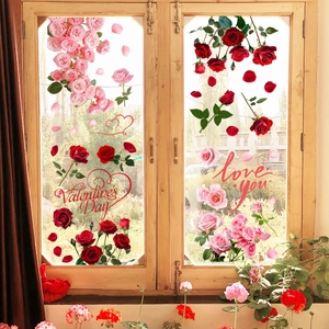 Valentijnsdag raamstickers met rode rozen en Love You hartvormige belettering decor