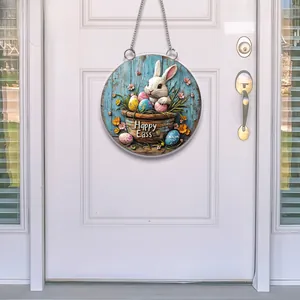 Close-up of Easter door sign with bunny and eggs on blue wood grain background