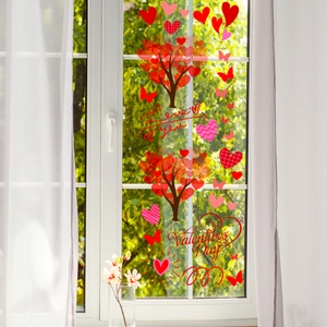 Detail van Valentijn statische raamstickers met hartjesbomen en liefdesteksten