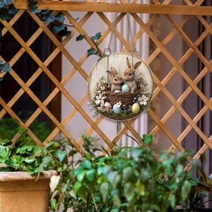 Round Easter bunny acrylic hanging ornament with floral egg basket design for porch decor
