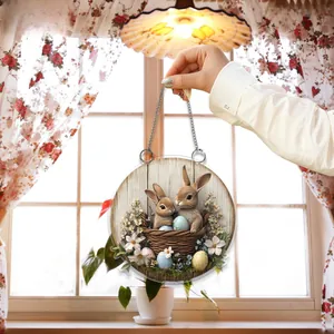 Close-up of 2D flat Easter bunny door sign with floral eggs and metal hanging chain