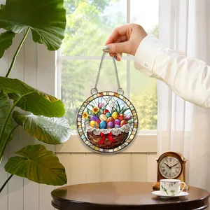 Detailed 2D flat acrylic ornament with Easter eggs and daffodil basket for spring decor