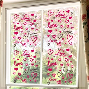 Pink heart and Love floral static window clings set for romantic home glass decoration