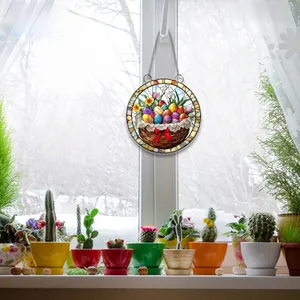 Macro detail of 2D flat acrylic Easter egg basket hanging sign with floral pattern