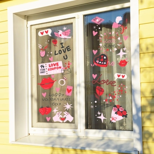 Valentijnsdag statische raamstickers met Cupido en rozen op een glazen raamdecoratie