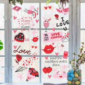 Gedetailleerd zicht op Valentijnsdag raamstickers met Cupido en handgetekende bloemen