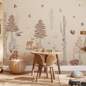 Forest animals and trees wall decals in watercolor style for cozy nursery decor